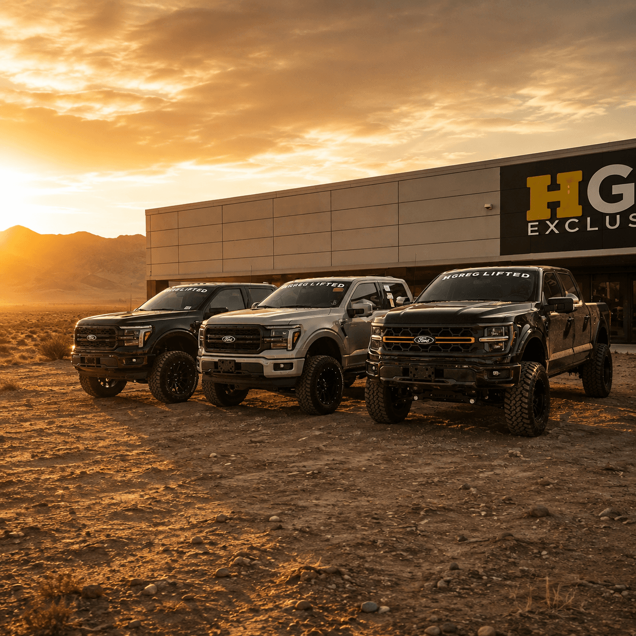 Three lifted HGreg Lifted Ford F-150 builds lined up at sunset