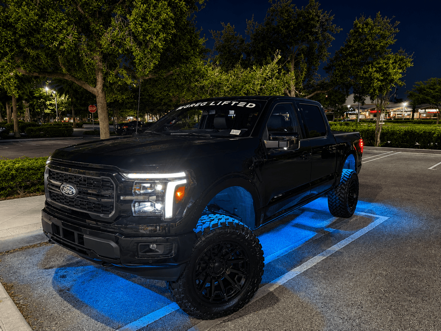 Lifted black Ford F-150 built by HGreg Lifted, with RGB rock lighting