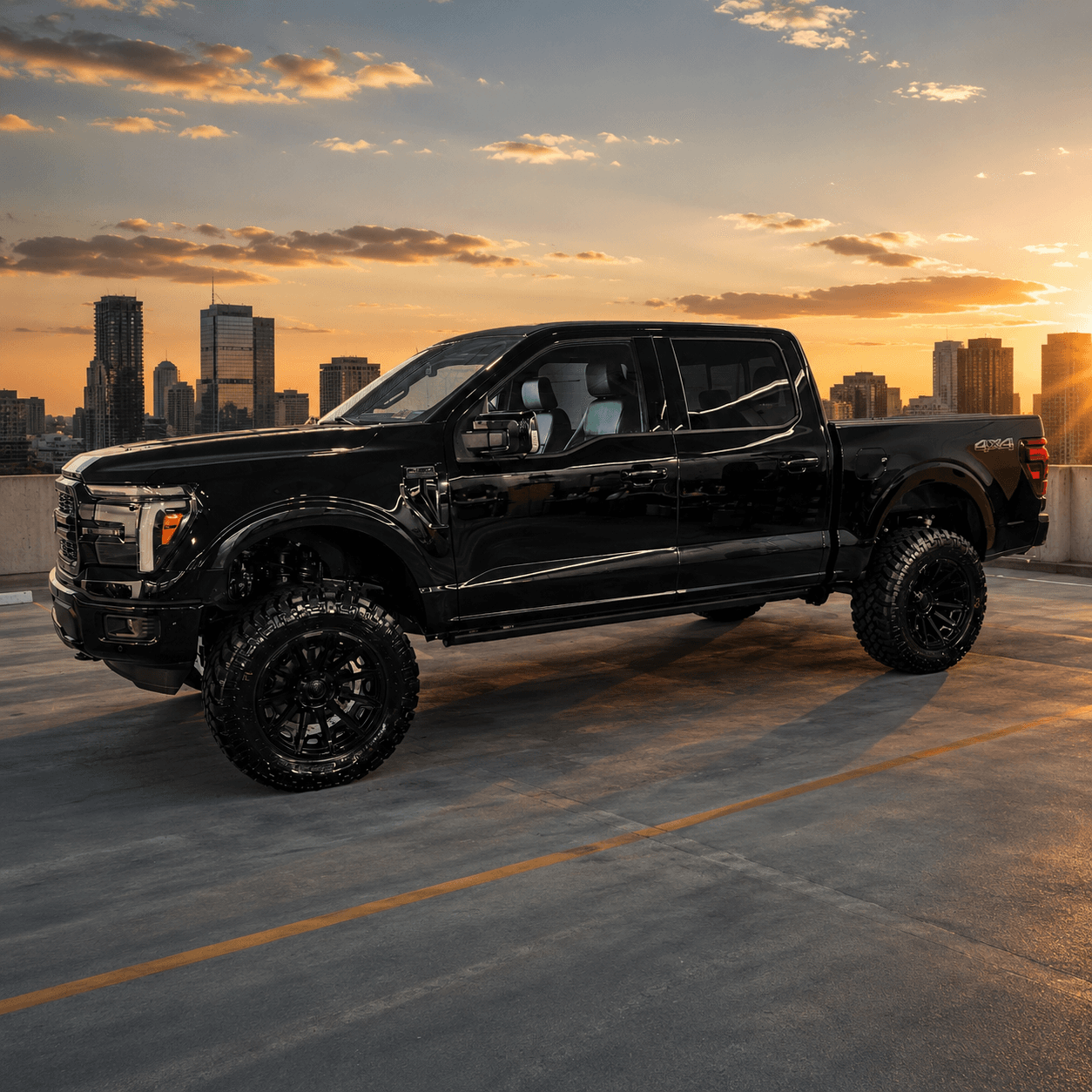 Lifted black Ford F-150 built by HGreg Lifted, against a city skyline at sunset