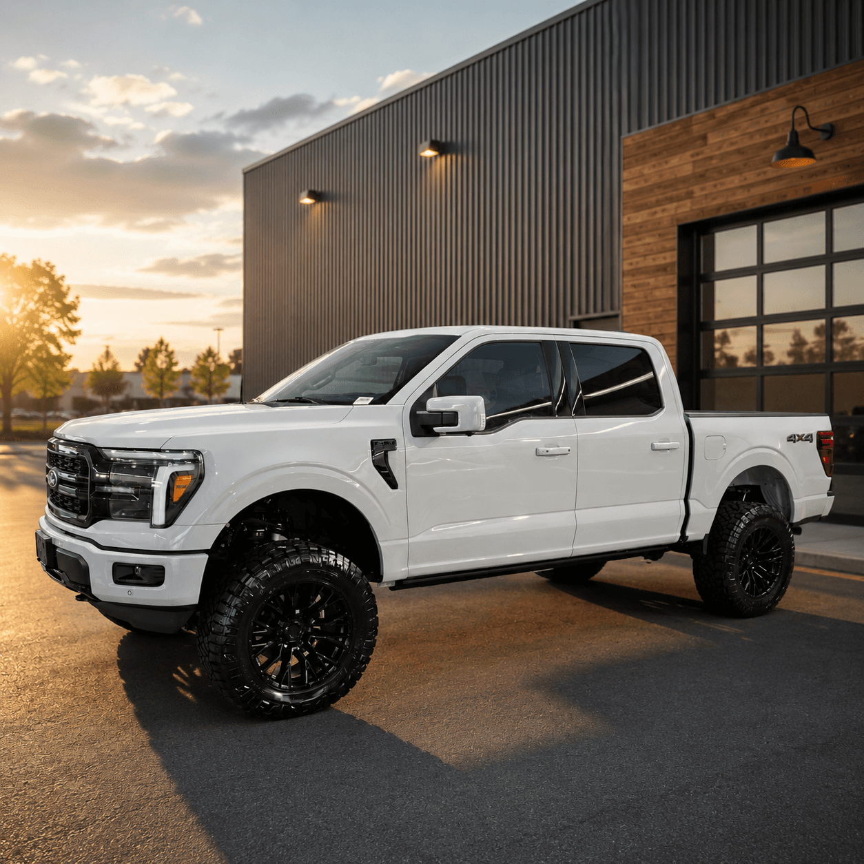 Lifted white Ford F-150 built by HGreg Lifted, outside the build shop
