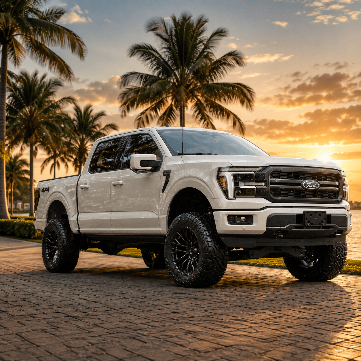 Lifted white Ford F-150 built by HGreg Lifted, on the South Florida waterfront